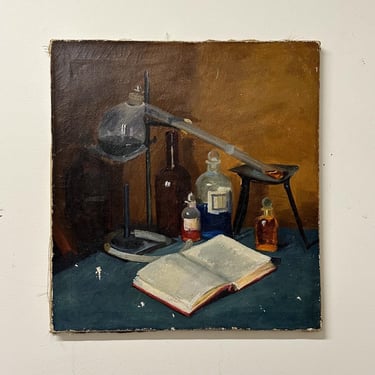 Early 1900s Laboratory Still Life Painting with Florence Flask and Bunsen Burner - Antique Scientific Still Life Paintings - Rare 