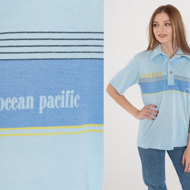 Ocean Pacific Polo Shirt 70s Baby Blue Striped Shirt Tenz One OP Collared T-Shirt Half Button Up Surf Sporty Surfer Vintage 1970s Small S 