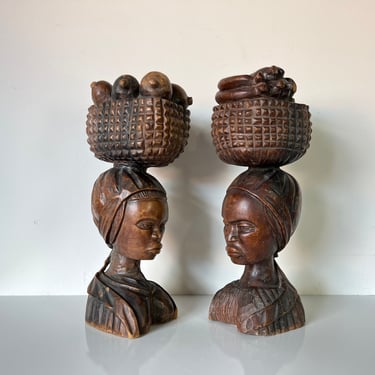 A Pair of Vintage Carved Wooden African Figures With Fruit Basket 