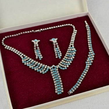 Vintage glass jewelry set necklace earrings bracelet rhinestone necklace chain 70s mid century accessories design bridal jewelry statement bride 
