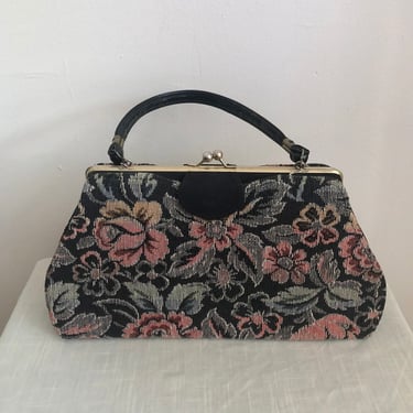 Black Floral Tapestry Handbag - 1960s 