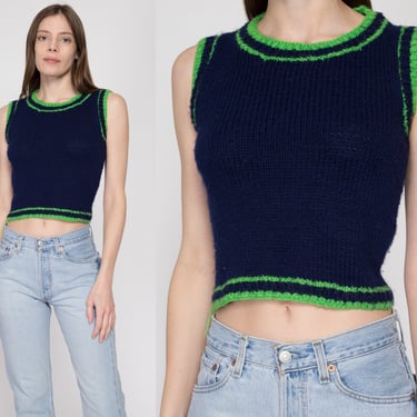 Small 70s Navy Ringer Knit Crop Top | Vintage Cropped Sleeveless Sweater Vest 