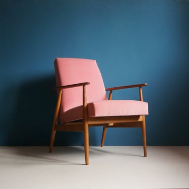 Vintage Armchair from Mid Century, Pink Velvet Upholstery, Brass Finishes. 