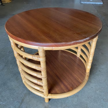 Restored Two-Tier Round Pole Rattan Side Table with Mahogany Top 