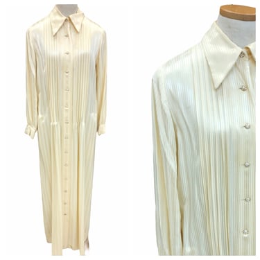 Vintage 1970s Nat Kaplan Couture Cream Striped Pleated Long Sleeve Maxi Dress 