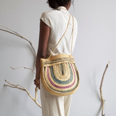 vintage handmade round sisal straw shoulder bag 