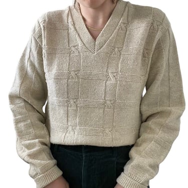 Vintage 1970s Jantzen Beige 100% Wool V Neck Preppy Sweater Made in USA Sz M 