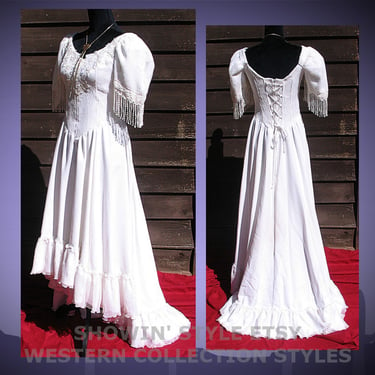 Western Collection Styles Cowgirl White Wedding Dress, White with Boot Hemline, Sequins, Beads & Flounced Bottom, Approx. Small (see meas.) 