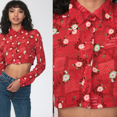 Red Floral Blouse 70s Boho Crop Top Button Up Shirt Bohemian Shirt 1970s Vintage Boho Hippie Romantic Long Sleeve Small xs s 