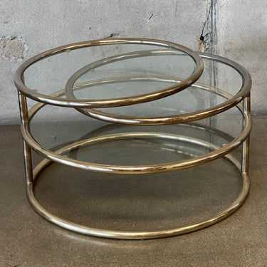 Milo Baughman Style Three Tier Swivel Glass & Gold Tone Metal Tube Coffee Table