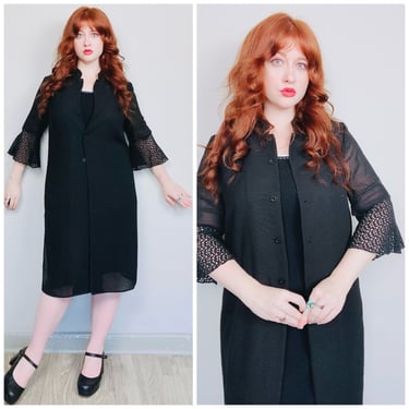 1960s Vintage Black Semi- Sheer Bell Sleeve Overcoat / 60s / Sixties Knit Lace 3/4 Length Sleeve Jacket / Size Large 