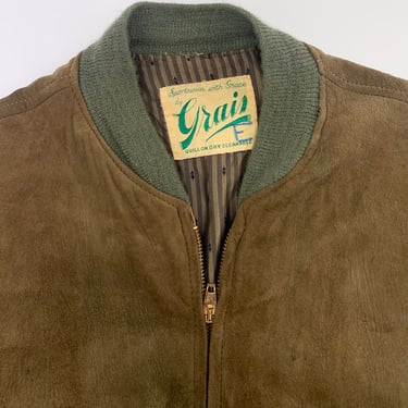 1950's Olive Suede Zip Jacket - GRAIS SPORTSWEAR - Crew Neck - Green Knit Cuffs & Collar - Size Medium - As Is 