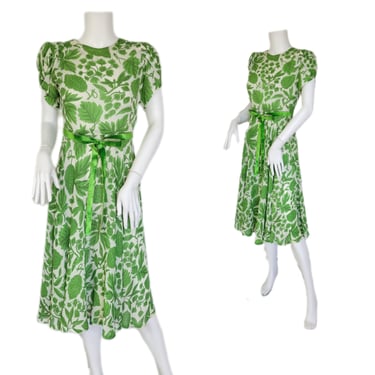 1930's Green Floral Silk Chiffon Day Dress I Sz Sm I Art Deco 