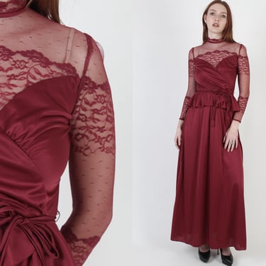 Long Burgundy Grecian Goddess Dress / Vintage 70s Matching Belted Lace Dress / Sheer Floral Gothic Medieval Maxi Dress 