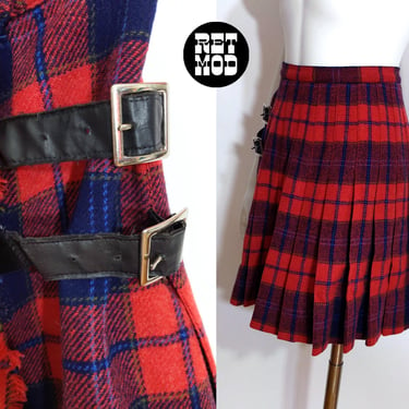 Retro Vintage 60s 70s Red Navy Blue Plaid Wool Pleated Skirt 