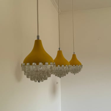 1 of 3 Vintage 1970s Yellow  Chandelier / Mid-Century Modern Glass Globe Ceiling Light / Yugoslavian Pendant Lamp / Kitchen Island 