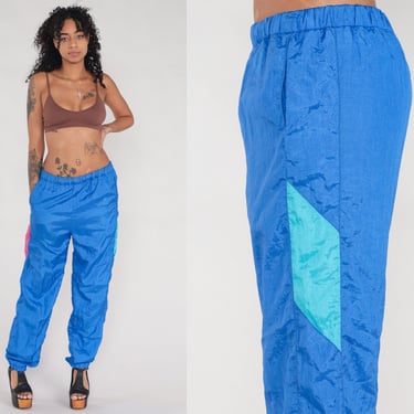 80s 90s Track Pants Nylon Turquoise Lined Jogger 