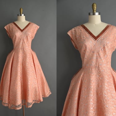 vintage 1950s Dress | Gorgeous Sparkly Peach Lace Full Skirt Dress | XL Plus Size 