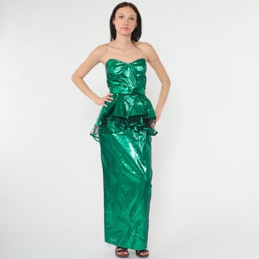 Vintage 80s Green Metallic Taffeta Dress Peplum Dress Strapless Sweetheart Neckline Shiny Formal 1980s Evening Gown Pencil Extra Small xs 