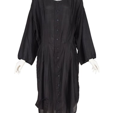 Yohji Yamamoto 1980s Vintage Black Silk Wide-Sleeve Oversized Button-Up Dress Sz M 