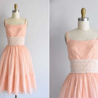 1950s Peachy Keen dress/ vintage 50s chiffon dress / nylon chiffon full skirt dress 