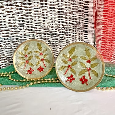 Brass and Enamel Poinsettia Decor, Holly, Holiday, Christmas Mantel, Decorative Plates with Stand, Vintage Brass Collection 