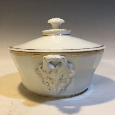 19C French Empire Old Paris Porcelain Covered Round Serving Dish w/ Handles, gilded tureen, vintage French centerpiece 