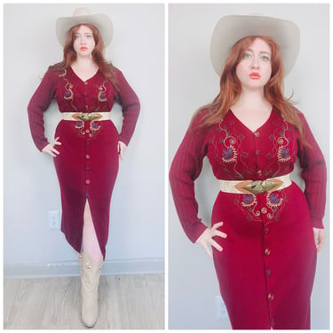 1980s Vintage Carole Little Maroon Embroidered Wiggle Dress / 80s Rayon / Acrylic and Wool Knit Sweater Dress / Large-XL 