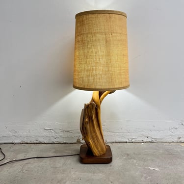 Vintage Mid Century Driftwood Wood Burl Organic Lamp w Burlap Woven Shade Retro Mod Boho 30