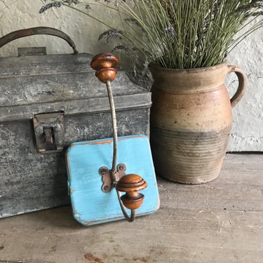 Rustic French Coat Hook, Faux Bamboo, Painted Blue Wood Mount, Iron, Traditional French Farmhouse Decor 