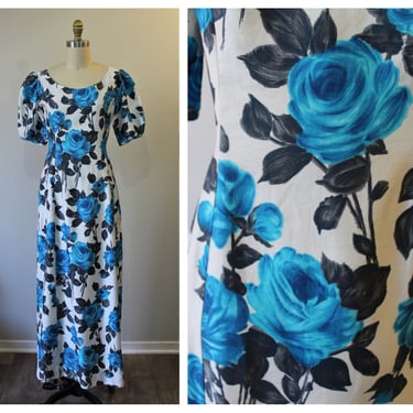 Vintage 60's Blue White Cabbage Rose Cotton Column Maxi Hawaiian wiggle Dress // US 0 2 4 xs s 