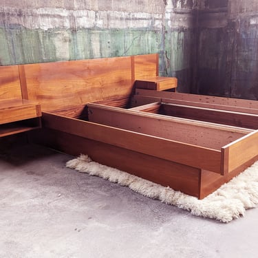 Danish Modern Mid Century Teak Queen Bed With Attached Storage Nightstands + Underneath Storage drawer 