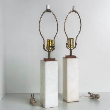 Pair of Italian Carrera Marble Square Bedside Lamps Nessen Style 1960's