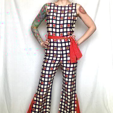 Vintage 1970's Geometric Red White Blue Checkered Polka Dot Bellbottom Curvy Cotton Jumpsuit by Byer - size Small 