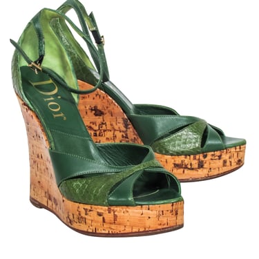 Christian Dior - Green Leather Cork Wedges Sz 8.5