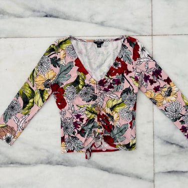 Vintage Guess Crop Top Pink Red Floral Long Sleeve V Neck Scrunch Women XS Boho Hippie 