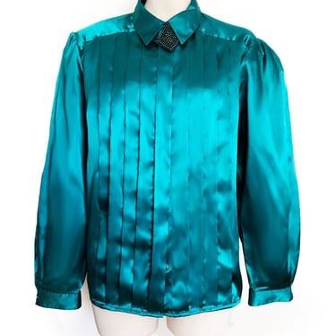 80's Jewel Silky Satin Blouse Teal Green Blue 1980's Vintage Shirt, Shoulder Pads, Beaded Neck, Top, Long Sleeve, Padded shoulders blouse 
