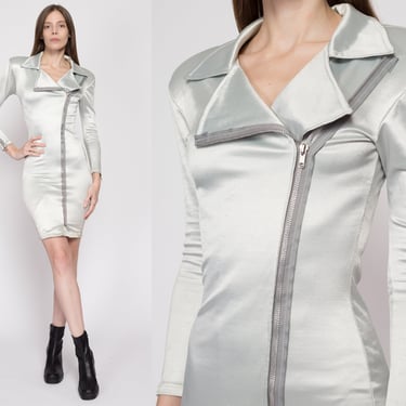 XS-Sm 80s Futuristic Silver Bodycon Dress | Vintage Shiny Long Sleeve Zip Up Collared Mini Dress 