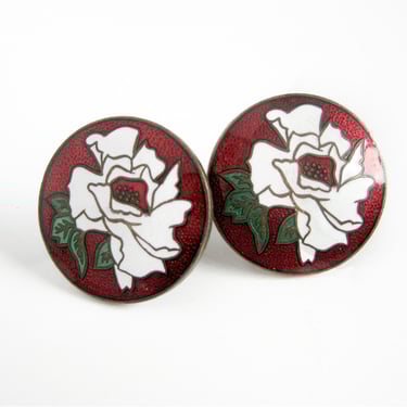 Floral Enamel Earrings / Enamel Cloisonne Flower Earrings / Red and White Screw Back Earrings / Vintage Jewelry / Gift for Her 