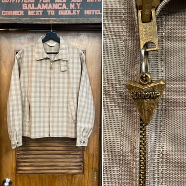 Vintage Size L 1950’s Cotton Rockabilly Zipper Windbreaker Jacket with Chinstrap, Ricky Jacket, Arrow Label, 50’s Vintage Clothing 