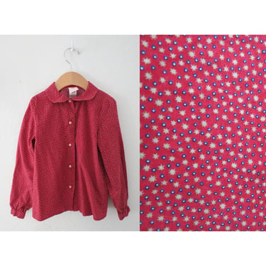 Vintage Girls Cotton Blouse - Long Sleeve Burgundy Calico Star Print Shirt - 80s 1980s - Size 6X 