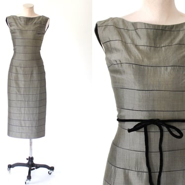 1950s Irene Sargent Silk Panel Pencil Dress with Drop Stitch Stripes - Vintage 50s Boat Neck Low V-Back Wiggle Dress - Small 