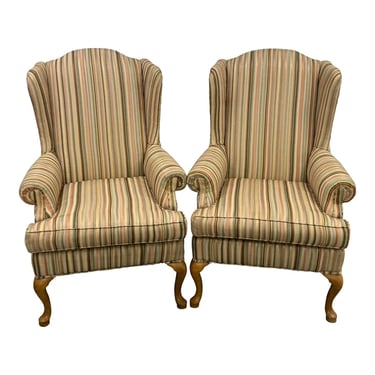 Late 20th Century Striped Wingback Upholstered Chairs - a Pair 