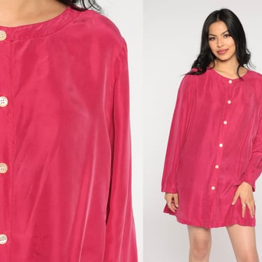 Pink Silk Blouse Y2k Button Up Shirt Retro Boho Plain Simple Long Sleeve Blouse Girly Basic Button Down Minimalist Vintage 00s Large L 14 