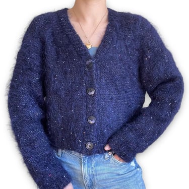 Vintage Y2K Navy Blue Fluffy Mohair V Neck Sexy Fuzzy Cropped Cardigan Sz M 