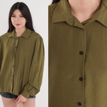 Olive Green Blouse 80s Button up Shirt Long Puff Sleeve Top Simple Basic Plain Minimalist Neutral Earth Tone Rayon Vintage 1980s Medium M 