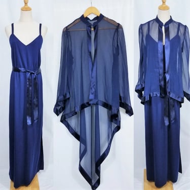 1970's Midnight Blue Jo'Ed Sophisticates Long Maxi Dress I Sheer Cape I 2 Pc Set I Sz Lrg 