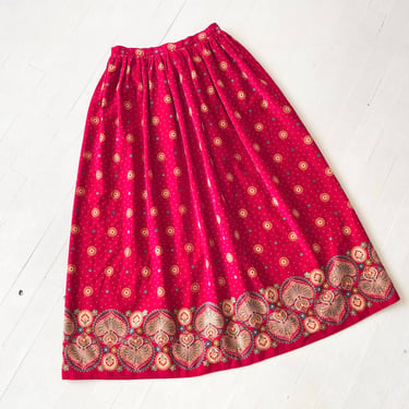 1970s Victor Costa Red Printed Velveteen Skirt 