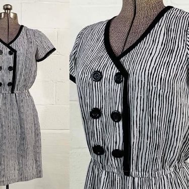 Vintage Striped Mini Dress Roses White Black Modern Short Sleeve Sheer Abstract Mod 1980s 1970s Small Medium 