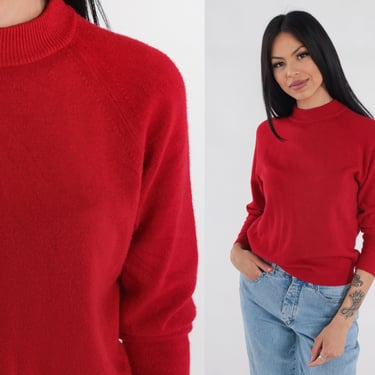 Red Sweater 90s Mock Neck Knit Pullover Sweater Raglan Sleeve Retro Preppy Basic Plain Simple Knitwear Acrylic Jumper Vintage 1990s Small S 